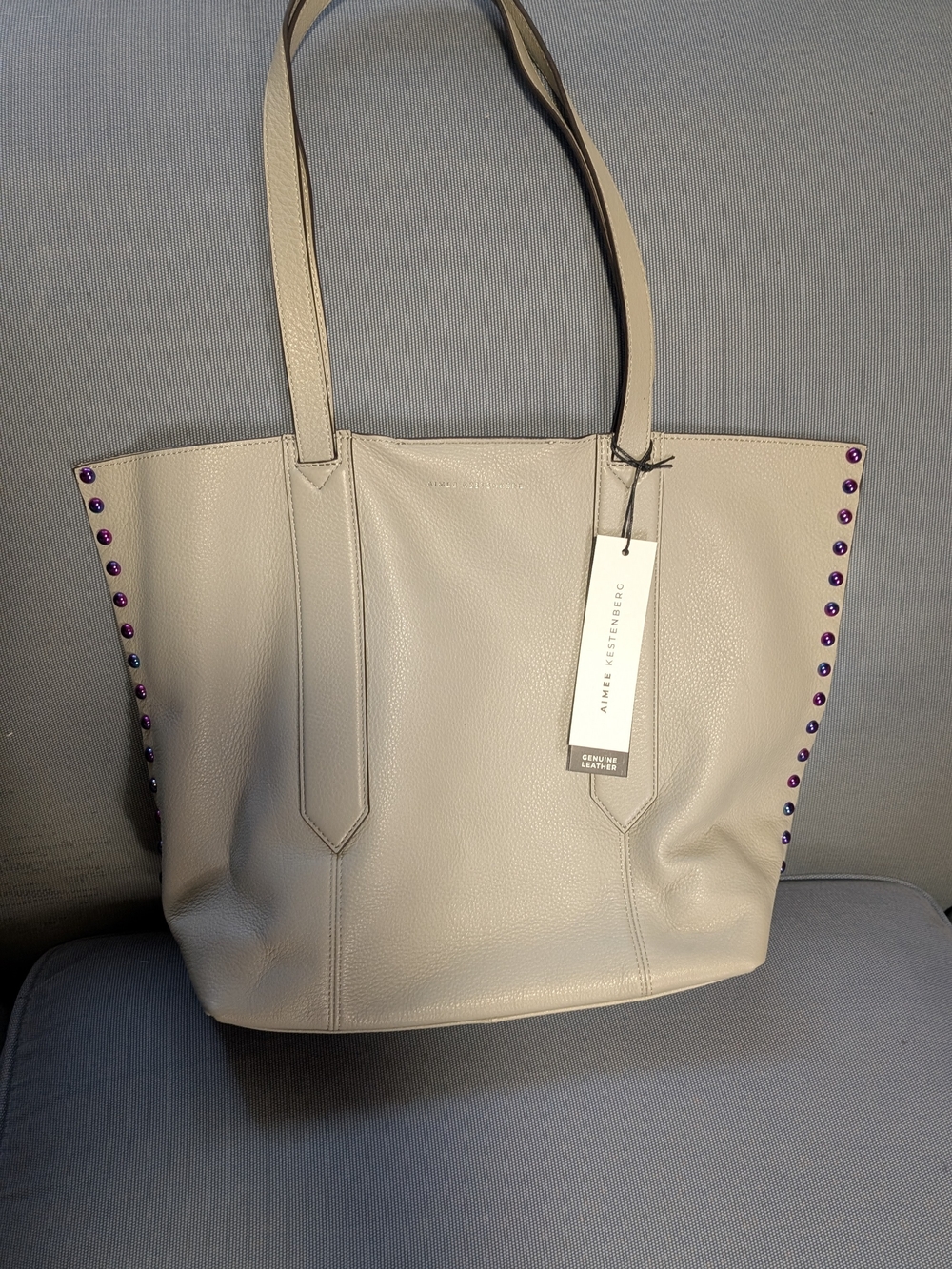 Aimee Kestenberg Taupe Pebbled Leather Tote with Purple Stud Accents